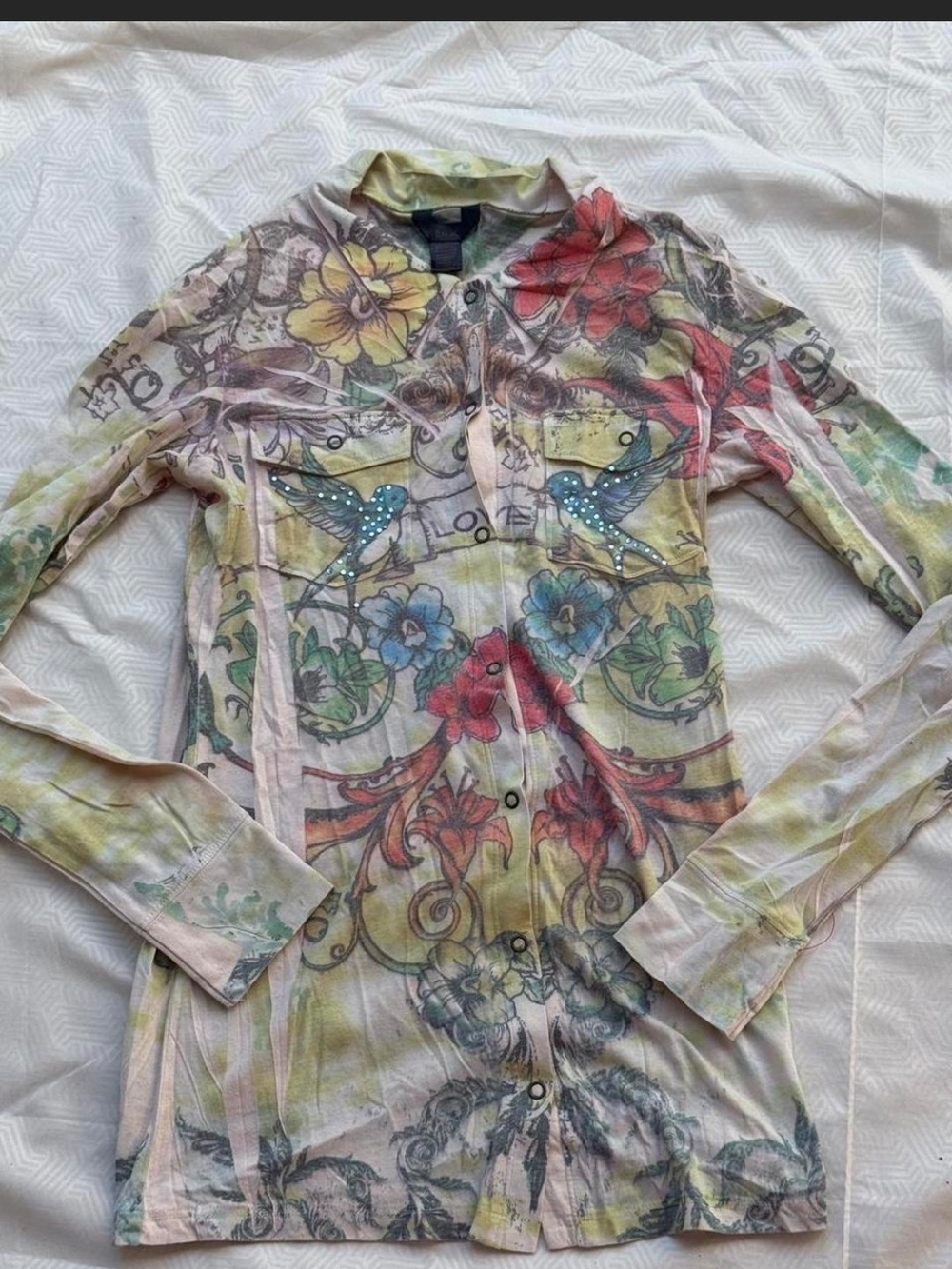 Y2K Multicolor Floral & Bird Print Snap Front Shirt